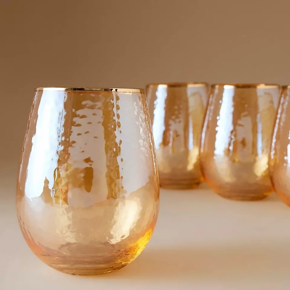 Anthropologie Zaza Honey Lustered Stemless Wine Glasses, Set of 2. New In Box